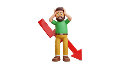 3D Cartoon Man Stressed by Downward Red Arrow

