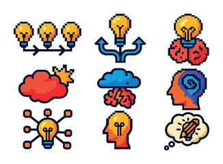 Creative idea pixel art icons set – colorful, innovation and thinking symbols