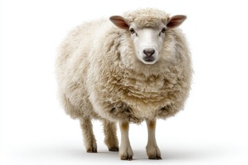 Full body view of fluffy white sheep standing on white background. Livestock animal, wool production, and traditional rural farming concept