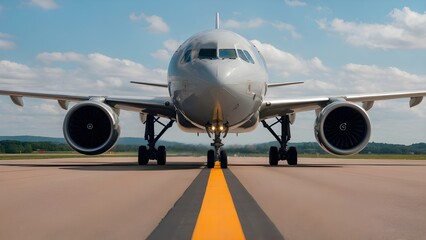 Naklejka premium Front view of a commercial airplane on runway ready for takeoff