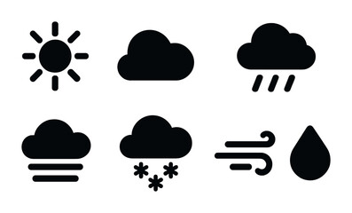 Weather and climate solid icons set &ndash; filled, silhouette, meteorology symbols
