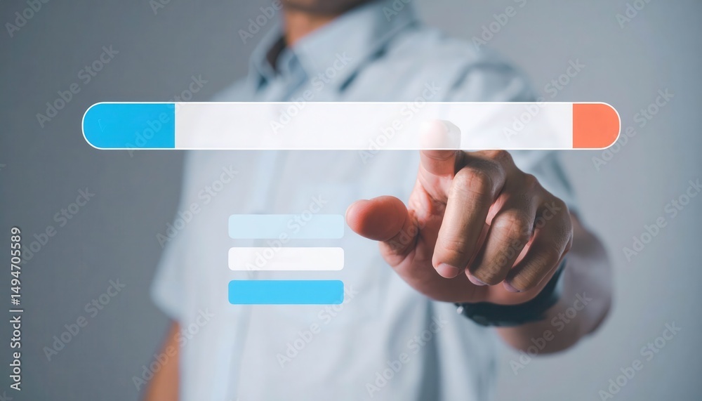 Poster close-up of a person pointing at a digital loading bar on a touchscreen interface, illustrating tech