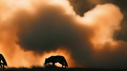 Wolves Against the Fiery Sky: A pack of wolves move in silhouette against a dramatic, fiery sky, evoking a sense of wilderness and untamed spirit.