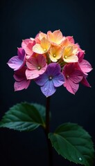 Rainbow hydrangea, glistening dewdrops, dark backdrop, background, macro