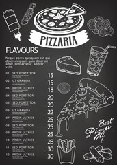 Pizza Menu Chalkboard Background. Vector.