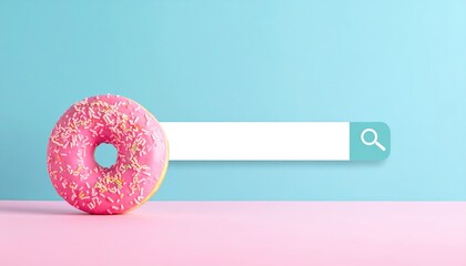 Pink donut with sprinkles on a pastel background next to a search bar, representing sweets and online searching