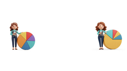Set of 3D Cartoon Businesswomen with Pie Charts and Coffee
