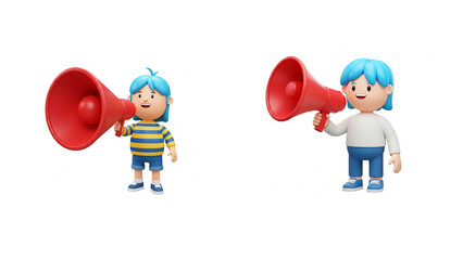 Set of  3D Cartoon Kids with Megaphones Announcing