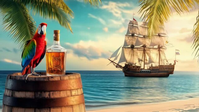 bottle of rum, glass and colorful parrot on the wooden barrel on tropical beach and a pirate ship on the background 