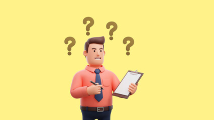Confused 3D Cartoon Businessman with Clipboard and Question Marks