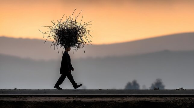 Silhouette avec structure chaotique sur la t&ecirc;te marchant &agrave; l'aube