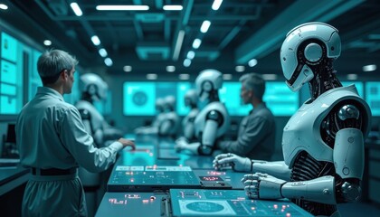 Fototapeta premium Human and Robot Team Collaborating on a Futuristic Control Panel