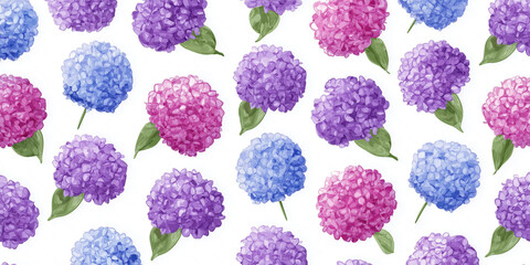 紫陽花の咲く静かな庭を描いたような水彩タッチの連続模様｜パステル調の青や紫、緑のグラデーションが美しい初夏の印象｜優しい世界観の背景素材に