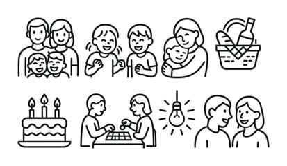 Family and parenting outline icons set – linear, line, bonding and care symbols