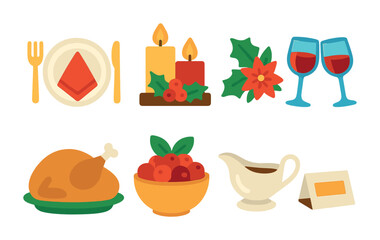 Holiday feast flat icons set – festive, dining, celebration themes for design