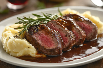 Plate of meat and maso with maso sauce.