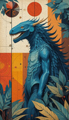 Oil painting. Blue Monster. Pattern for printing on wall decorations, fabrics, covers, t-shirts and for use in graphics.