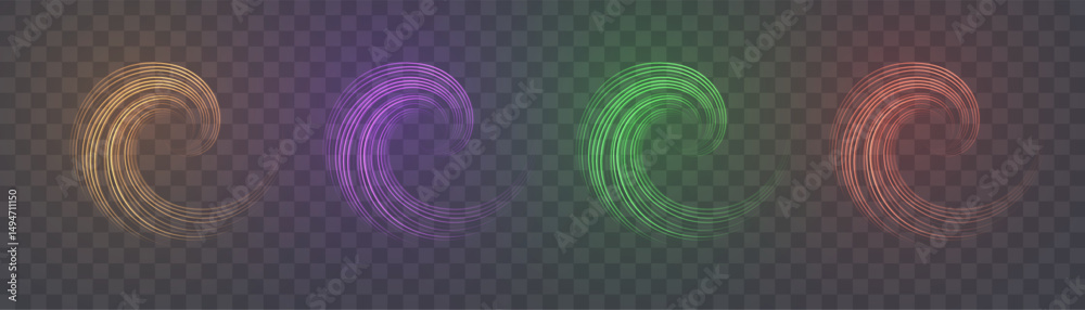 Poster glowing spiral energy traces on transparent background. light effect for web design game interfaces 