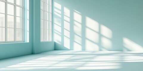 Fototapeta premium Modern Minimalist Room Interior Design Light Blue Walls Sunlight Shadows ray pale aqua airy calm