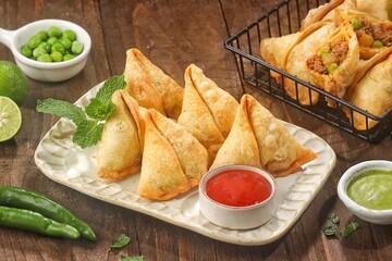Samosa or samboosa is a triangular fried pastry filled with boiled potatoes seasoned with spices mixed with peas, onions, coriander leaves, and sometimes paneer.