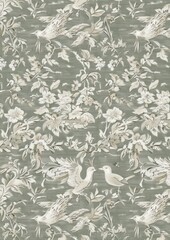 Elegant floral and bird pattern on a muted blue-green background.
