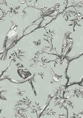 Obraz premium Illustrated birds perched on branches with leaves and butterflies in a vintage style.
