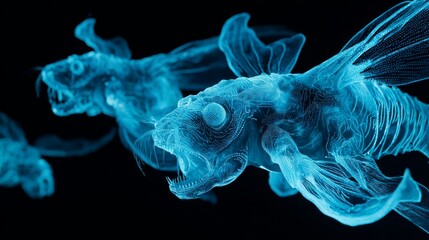 3D holographic rendering of deep-sea fish in glowing blue wireframe, symbolizing futuristic marine biology and sci-fi creature design