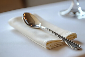 Silver spoon resting on a napkin on a table.