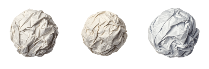 Set For Three crumpled paper balls isolated on transparent background