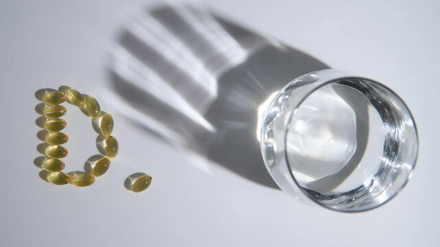 Female hand putting vitamin D capsule on white background, next to glass of water, health care