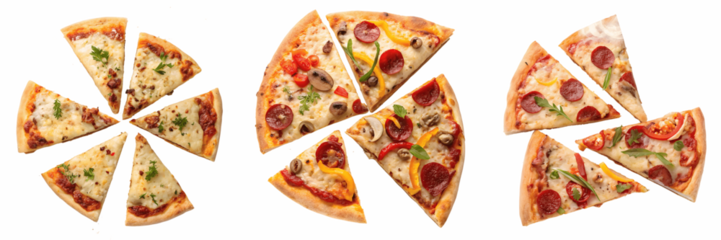 Set For Assorted pizza slices with various toppings on a yellow background
