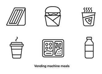 Vending machine outline icons set – snacks, beverages, fast food symbols