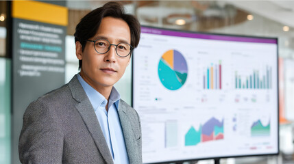 A middle-aged Asian man stands confidently in a charcoal suit, glasses on, against a backdrop of colorful data charts, conveying professionalism and analytical insight