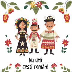 Fototapeta premium Illustration of three people in traditional Romanian attire with folkloric patterns.