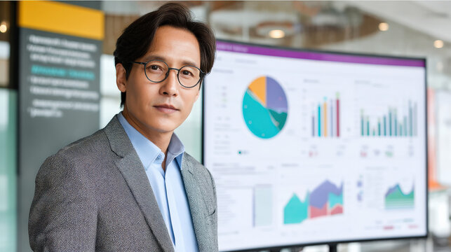 A middle-aged Asian man stands confidently in a charcoal suit, glasses on, against a backdrop of colorful data charts, conveying professionalism and analytical insight