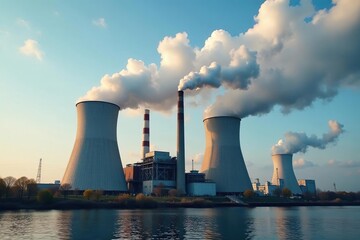 Fototapeta premium Large industrial power plant, smokestacks emitting steam, landscape, thermal power plant