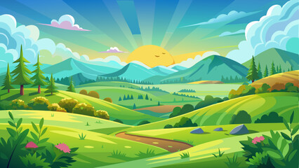 Fototapeta premium vector of View of summer landscape, green meadows and hills, picturesque sky and sun