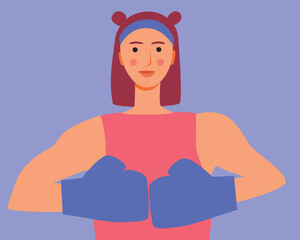 Southeast Asian woman boxing to build strength, endurance, and coordination, flat vector stock illustration