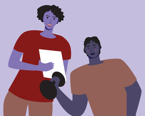 African American Personal trainer guiding a black client through a customized workout, including strength training, inclusive vector stock illustration