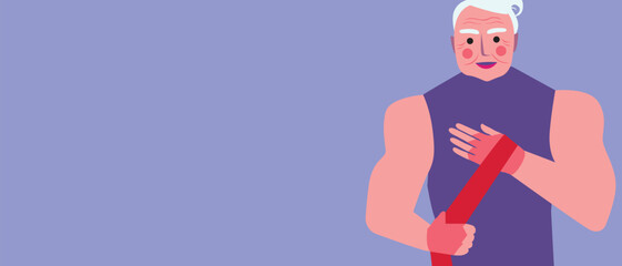 Senior boxer wrapping hands as template with place for text, flat vector stock illustration as concept Boxing, Fitness
