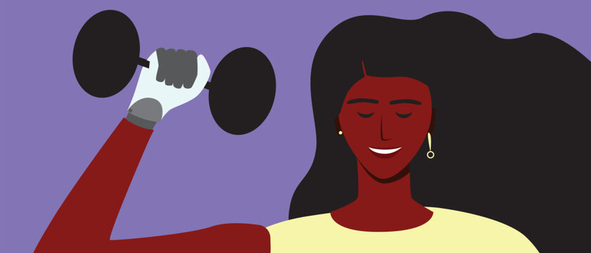 African american woman with prosthetic arm and Strength training routines focusing on muscle-building exercises with dumbbells, inclusive flat vector stock illustration