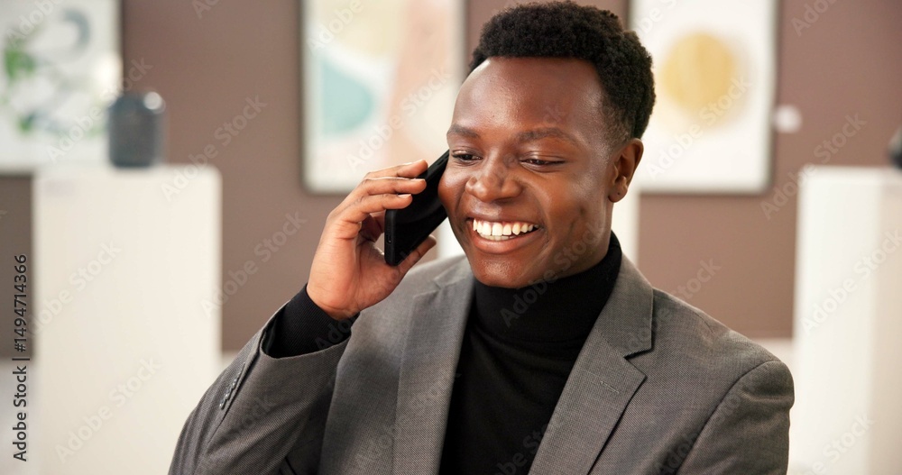 Aufkleber art, phone call and smile with black man in museum for exhibition or networking as curator. communic