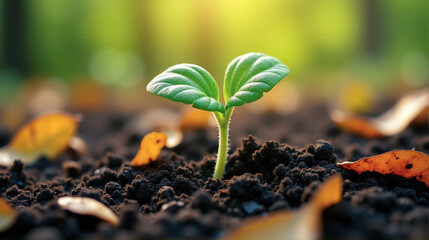 Young green sprout emerging from dark fertile soil surrounded by fallen autumn leaves. The image captures the essence of new life and growth in a natural setting