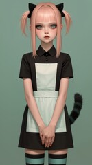 Young female in a maid cosplay with cat ears and tail, standing against a muted green backdrop.