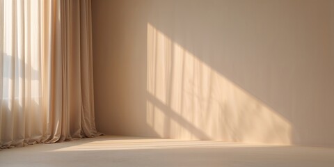 Warm sunlight casts soft shadows across an empty minimalist room with light curtains and beige walls in the late afternoon