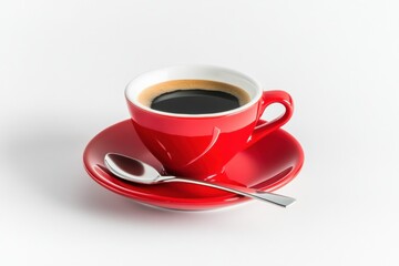 Obraz premium Freshly poured espresso in a red cup with a saucer and little spoon isolated on white background with a soft shadows. Space for text or branding. Tasty coffee with foam in cup. Aromatic morning coffee