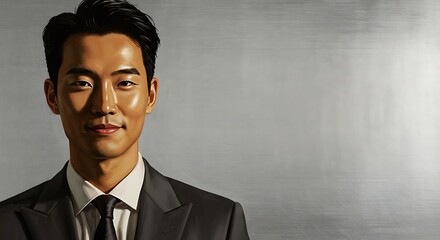 chiaroscuro painting of advertisement on silver background, manager positioned on the left with bronze tones, allowing clear copy space on the right for photos.