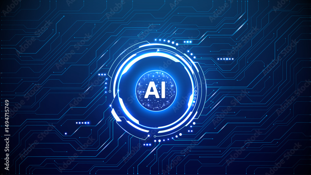 Poster Digital AI quantum chip in a circle light neon HUD frame on circuit board tech background. Futuristic AI semiconductor concept. Abstract artificial intelligence processor with lightning elements. 