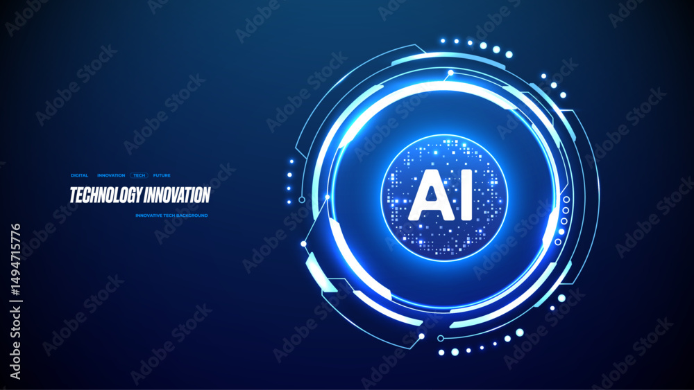 Poster AI tech semiconductor. Abstract neon lightning circle portal with AI quantum chip in a center. Futuristic HUD design element. Artificial intelligence innovation concept. Digital vector illustration.
