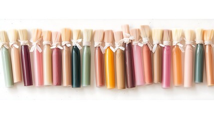 Fototapeta premium Aesthetic Display of Colorful Paint Bottles with Natural Bristles on Wooden Background